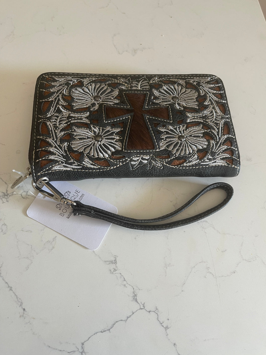 Cross Cow Hide and Tooled Wallet