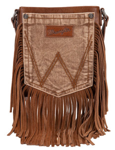 Wrangler Leather Fringe Jean Denim Pocket Crossbody