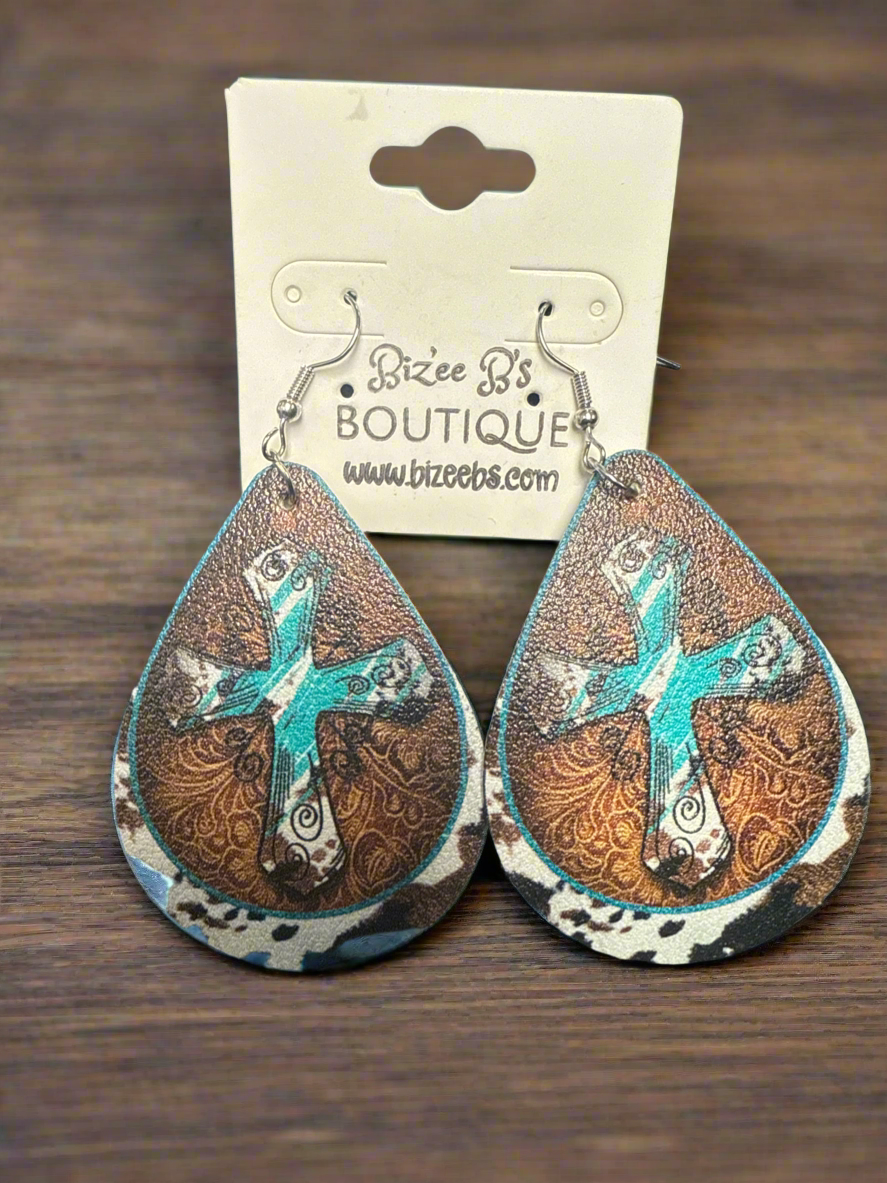 Cow Print and Turquoise Cross Teardrop Earrings