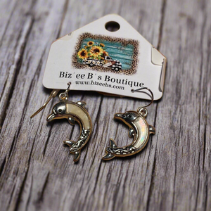 Silver Tone Mother of Pearl Dolphin Earrings