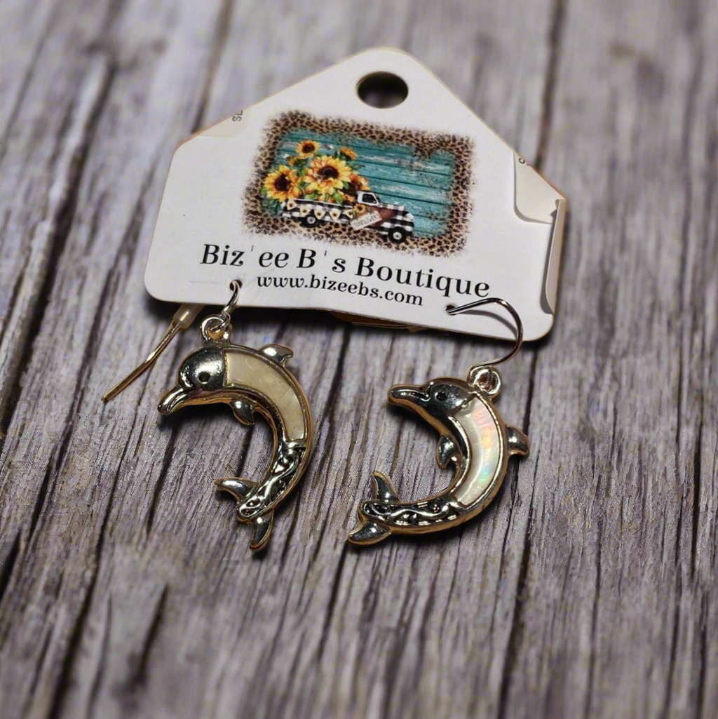 Silver Tone Mother of Pearl Dolphin Earrings