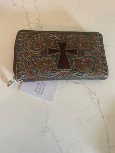 Cross Cow Hide and Tooled Wallet