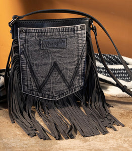 Wrangler Leather Fringe Jean Denim Pocket Crossbody