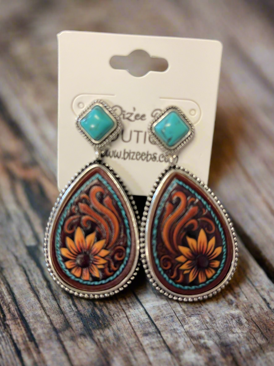 Tooled Leather Sunflower Stone Earrings