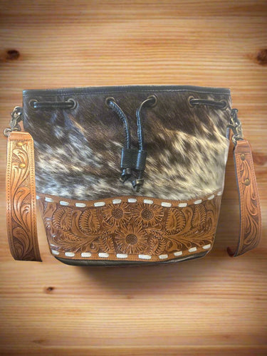 Cowhide Tooled Bucket Crossbody Bag