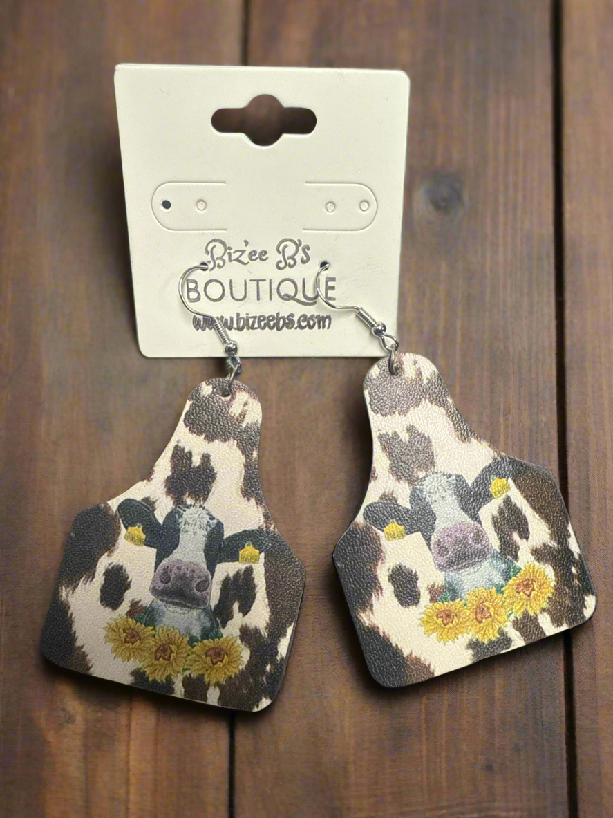 Cow With Sunflowers and Cow Print Earrings