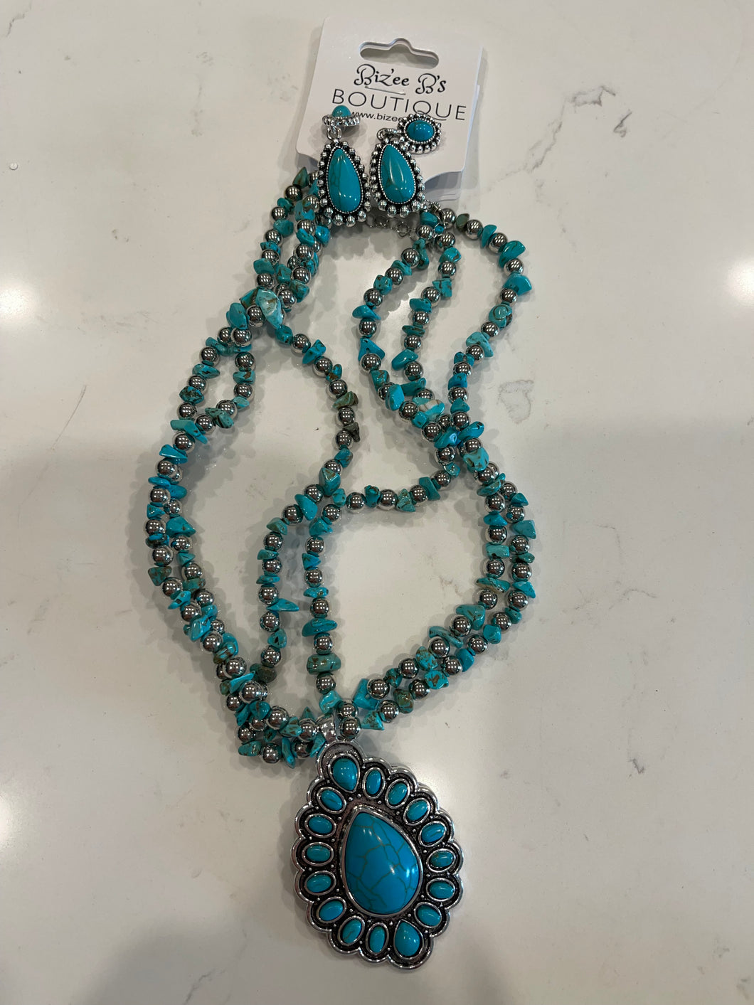 Boho Style Turquoise Stone & Beaded Necklace Set