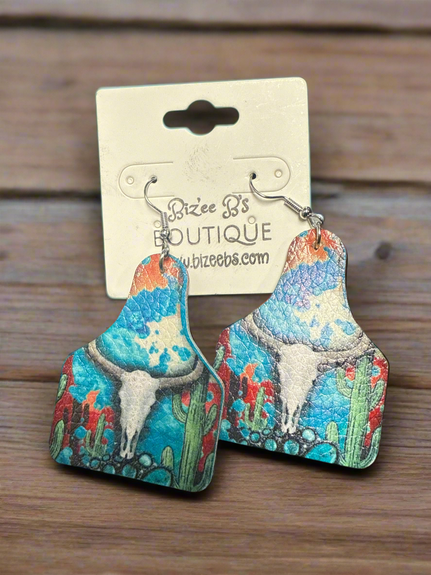 Cow Skull and Cactus Earrings