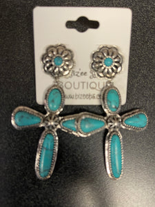 Stone Cross Earrings with Silver Outline