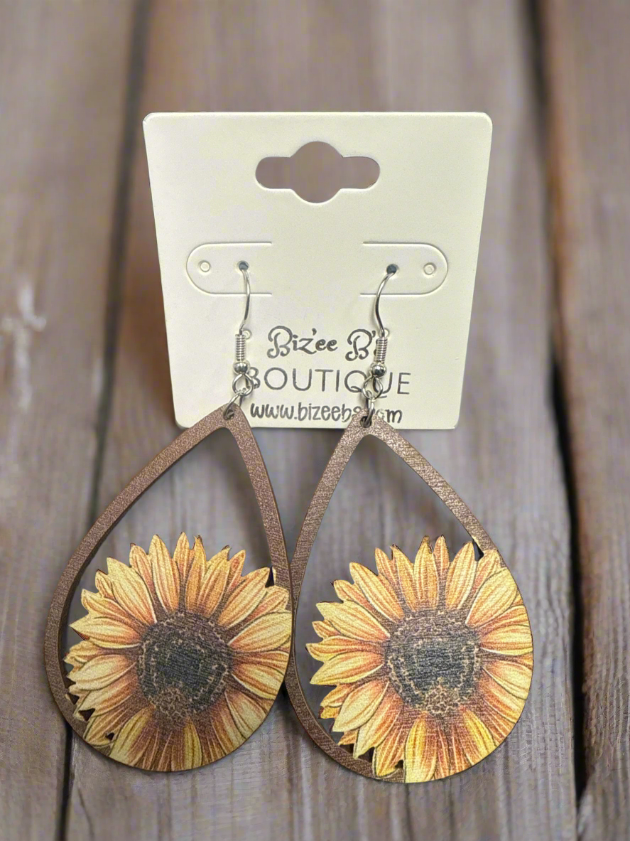 Wooden Sunflower Teardrop Earrings