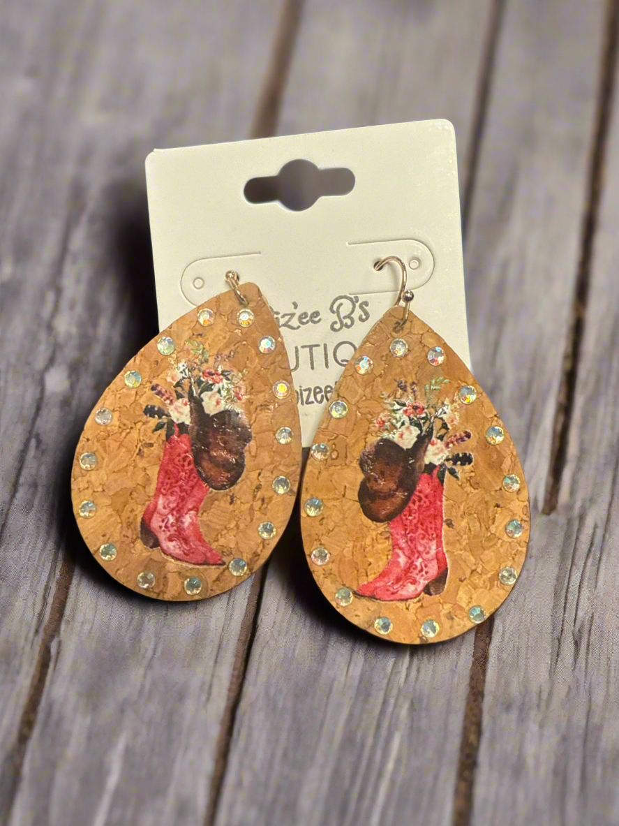 Teardrop Cork Pink Boot Earrings