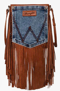 Wrangler Leather Fringe Jean Denim Pocket Crossbody