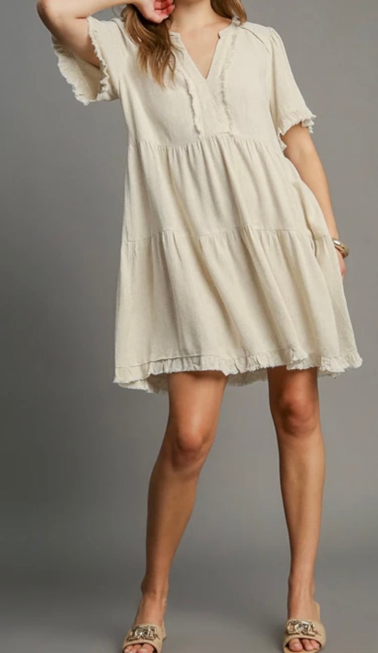 Linen Tiered Fray Details Dress