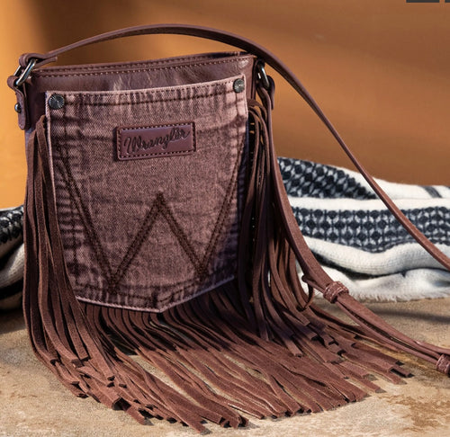 Wrangler Leather Fringe Jean Denim Pocket Crossbody