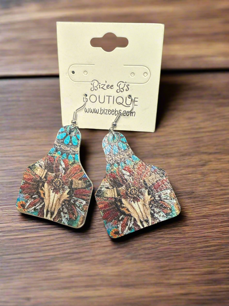 Feather Cow Skull Earrings