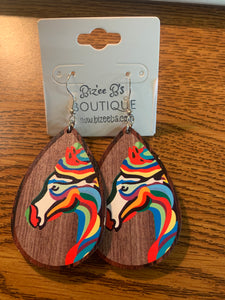 wooden colorful horse earrings