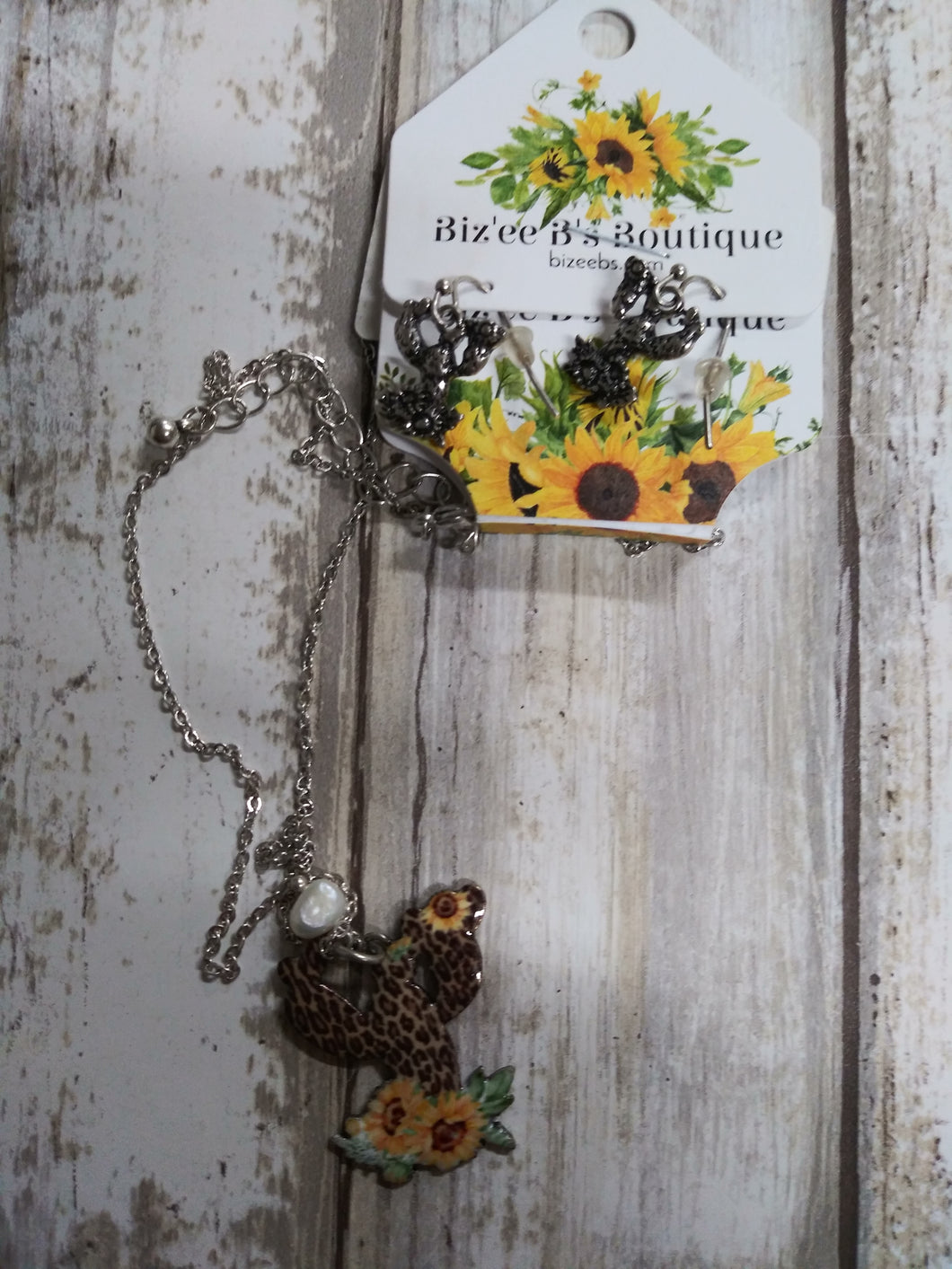 Cactus Leopard & Sunflower Necklace w/ Matching Earrings