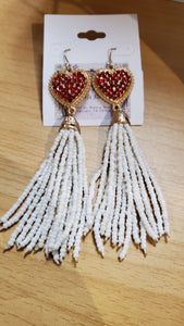 Heart Red Crystal Earrings with Ivory Bead Tassels