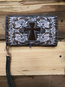 Cross Cow Hide And Tooled Wallet/Wristlet