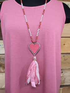 Pink Heart Sparkle Beaded Necklace With Tassel 71990