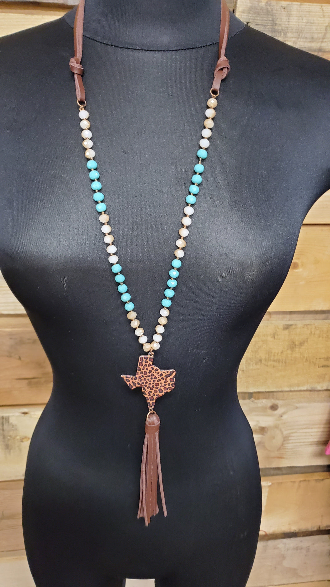 Texas Leopard Necklace With Sparkle Turquoise, Cream Bead & Leather 71803