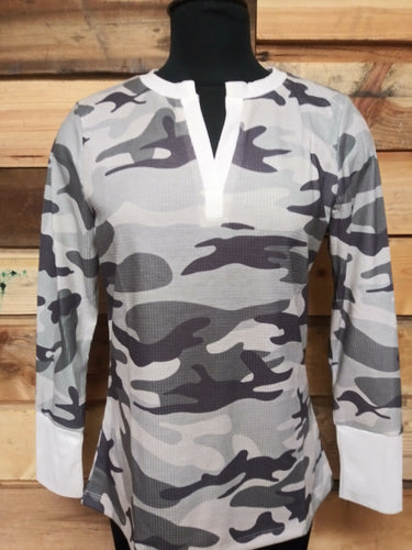 Camo Long Sleeve V Neck Top