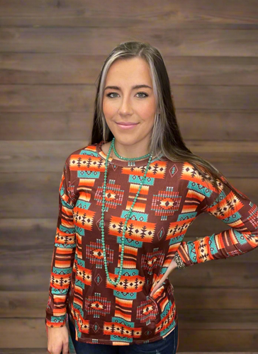 Aztec Brown & Leopard Back Long Sleeve Top