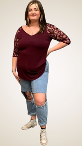 Luxe Rayon Lace Sleeve V-Neck Dolphin Hem Top