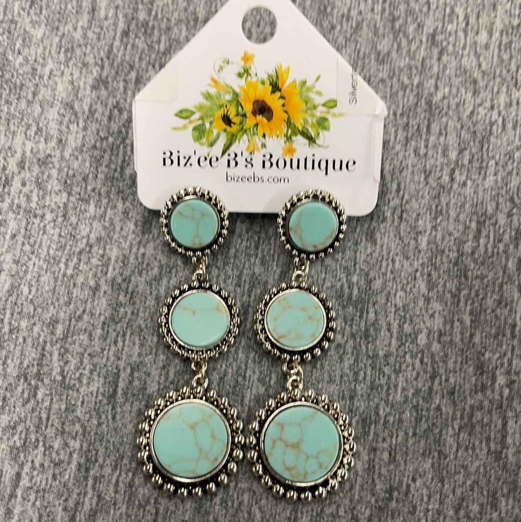 Silvertone Trimmed Turquoise Tiered Disk Earrings DFE-0357AS/TQ