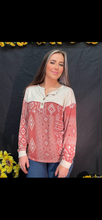 Load image into Gallery viewer, FRENCH TERRY WITH AZTEC PRINT BUTTONED HENLEY TOP