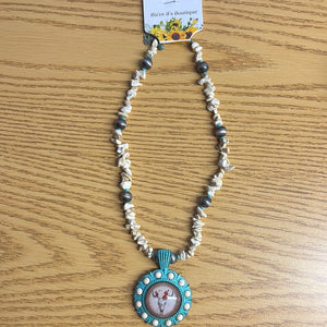 Turquoise Colored Rock Stone & Skull Pendant Necklace