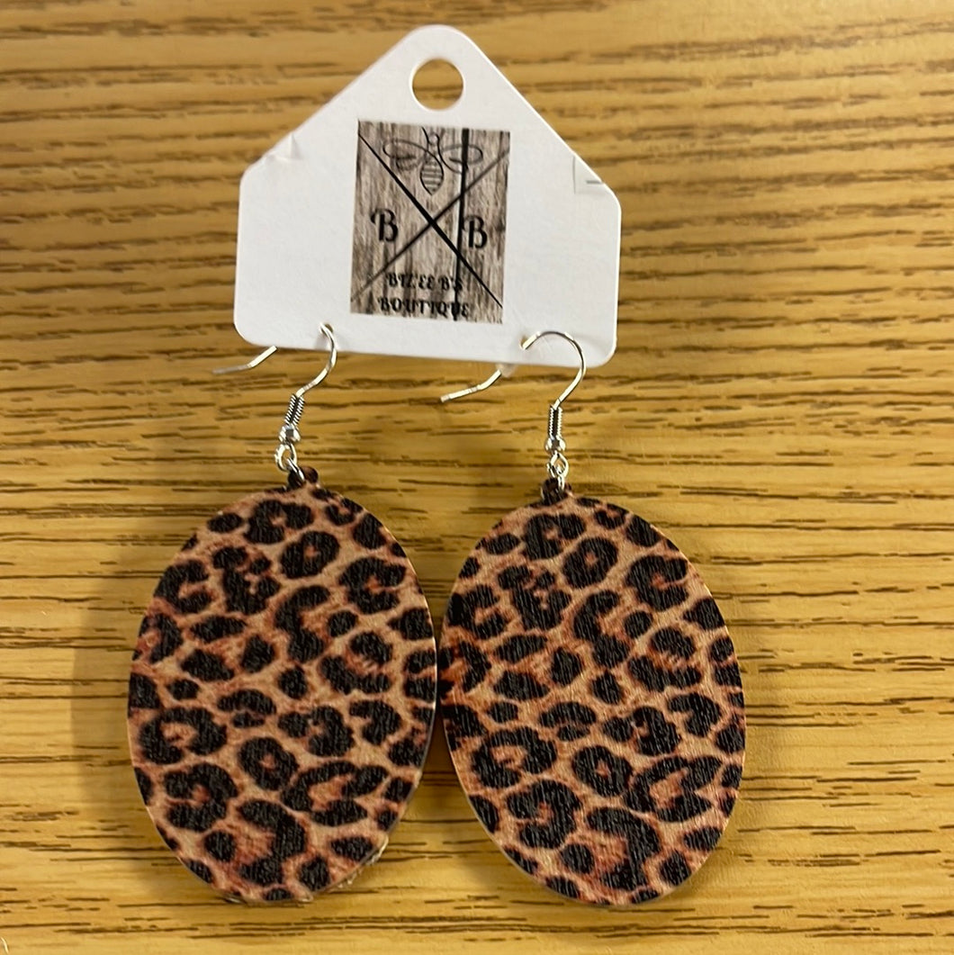 Leopard Oval Wood Earrings
