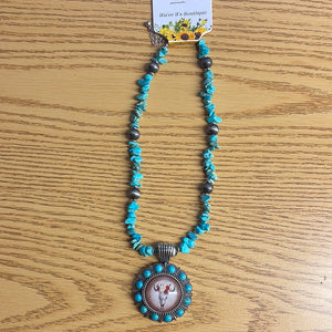 Turquoise Colored Rock Stone & Skull Pendant Necklace